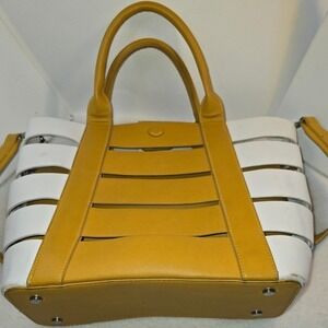 Madison West Tote Bag White Yellow Leather Cutout Tote Shoulder Bag